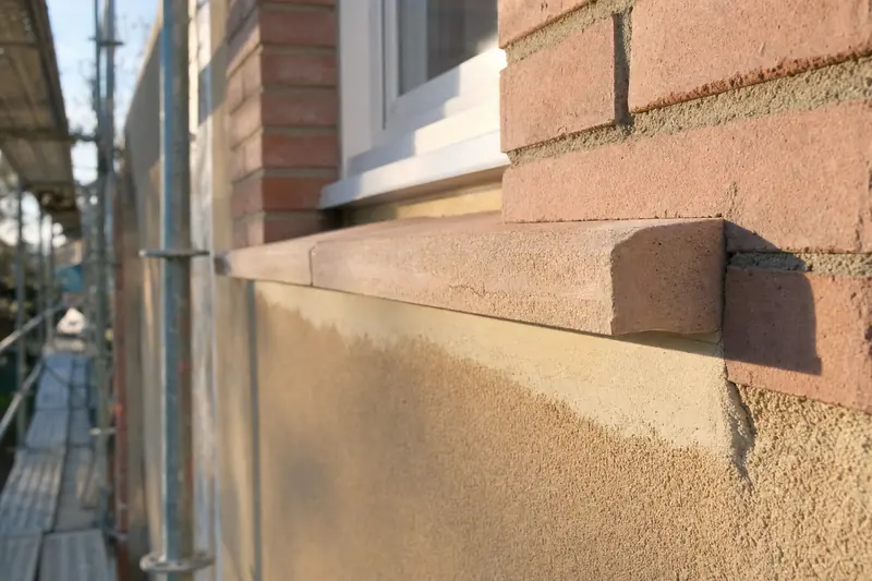 Appui de fenêtre en pierre reconstituée, prolongé par un élément rapporté, sous une fenêtre d'une façade en brique rose